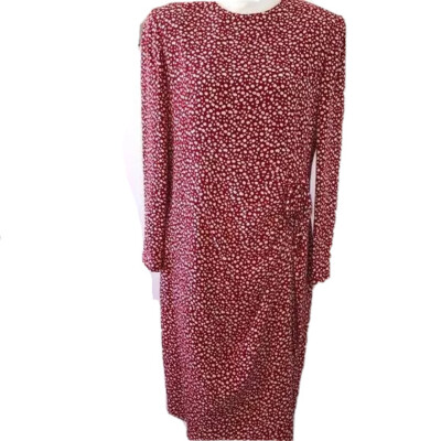 David Hayes Midi Dress Vintage Polka Dot Long Sleeve Lined Ruching Red White