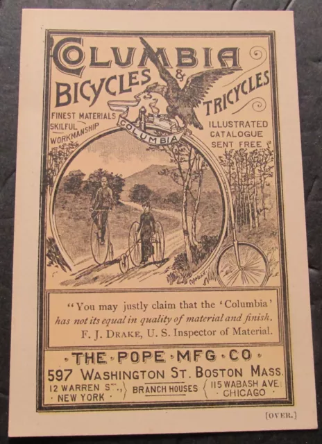 Early Pope Mfg Co Columbia Bicycle / Tricycles Trade Card w High Wheeler