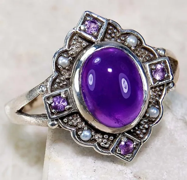 2CT Natural Amethyst & Seed Pearl 925 Solid Sterling Silver Ring Sz 7 FS3