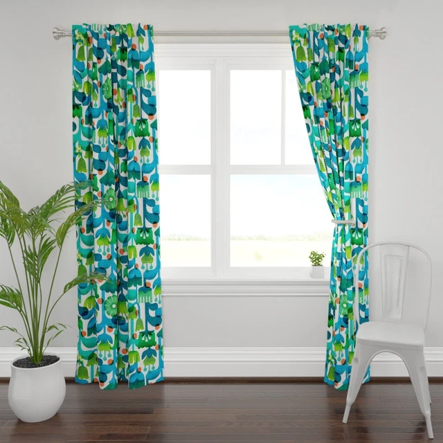 Vintage Retro Midcentury Floral Blue Green 50" Wide Curtain Panel by Spoonflower