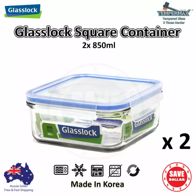 GLASSLOCK Square Glass Container Food Storage Bowl Lunch Box Airtight 2pc 850ml