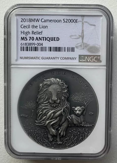 NGC MS70 Cameroon 2018 Cecil the Lion Elephant Silver Coin 2oz 2000 Francs