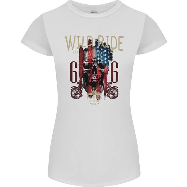 Biker USA Flag Skull Motorbike Motorcycle Womens Petite Cut T-Shirt