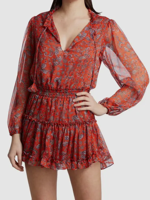 $362 MISA Los Angeles Women's Orange Lorena Chiffon Split-Neck Mini Dress Size M