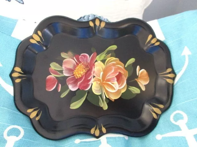 Vintage Hand Painted Pink Roses Pink Cosmos Dresser Jewelry Perfume Tole Tray