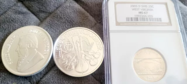 (2) 1 oz Silver Austrian/Krugerran Coins & 2005-D SMS 25c West Virginia NGC MS67