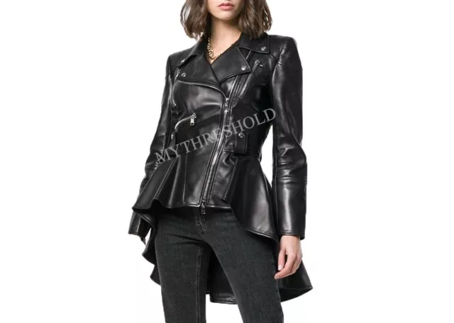 Women's Genuine Lambskin Peplum Waist Designer Biker Black Leather Jacket