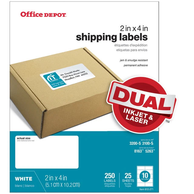 Office Depot Inkjet/Laser Shipping Labels, 2" x 4", White, 250-Pack