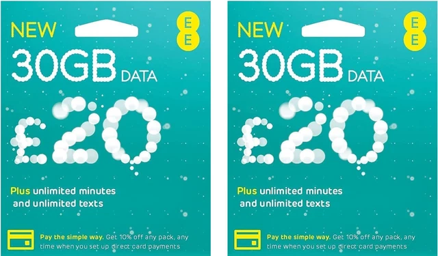 2 x EE Triple Cut Pay As You Go Sim Card - 30GB Data - Unlimited Minutes & Texts