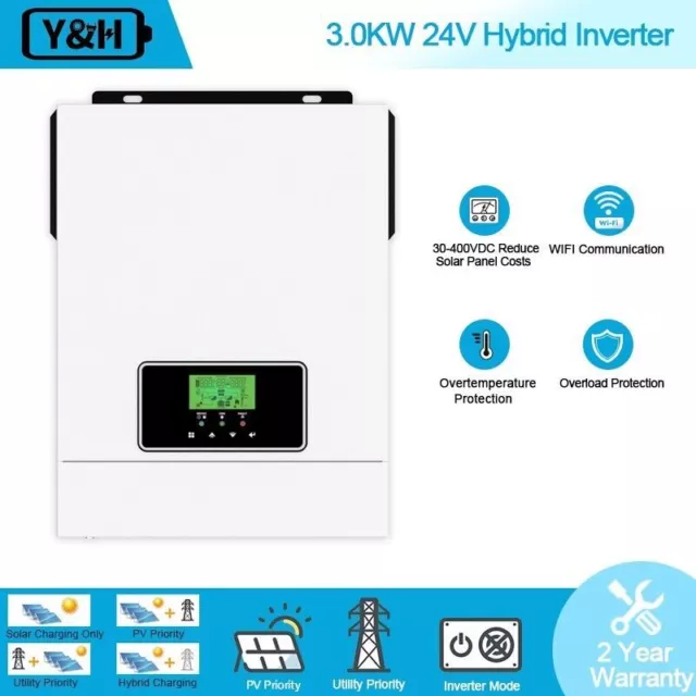 3000W Solar Hybrid Inverter DC30-400V AC230V Max PV 3000W 24V with 80A MPPT