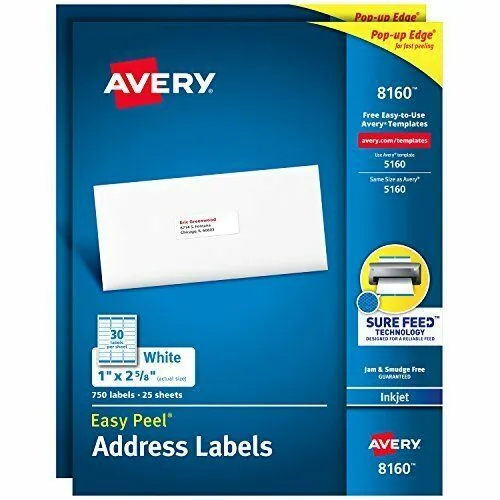 Avery 8160 Easy Peel Address Labels for Inkjet Printers, 1 x 2 5/8 Inch, White,