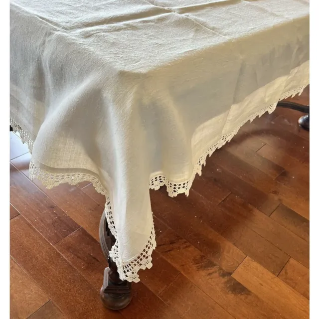 Vintage Handmade With Love Cream Linen Tablecloth Crochet Hand Rolled Edge