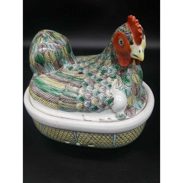 Antique CHINESE EXPORT Hand Painted Porcelain CHICKEN TUREEN w/Basket Base & Lid