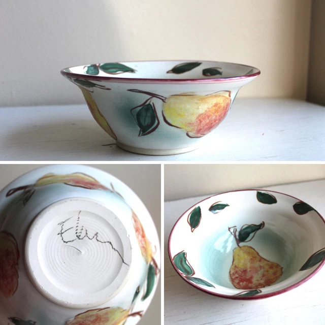 Pear Motif Hand Thrown Wheel Thrown Pottery Serving Bowl Fine White Clay By Elan