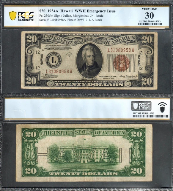 $20 1934-A FRN, Fr. 2305m  Hawaii WWII Emergency Issue PCGS-B VF 30
