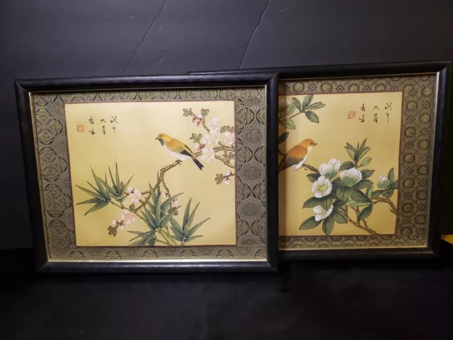 2 Asian Artist Signed Painting On Fabric Silk With Ribbon Trim Bird Flowers