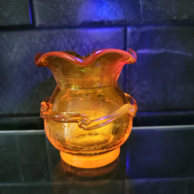 Yellow/ Amber Crackle Glass Vase With Applied Ribbon And Glows Bright. 3.5"