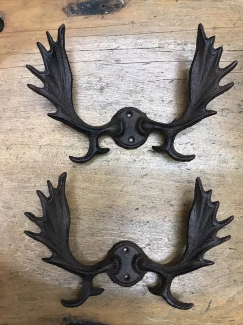 2 Cast Iron Antique Style Rustic Lg Antler Rack Coat Hooks Hat Hook Rack Towel