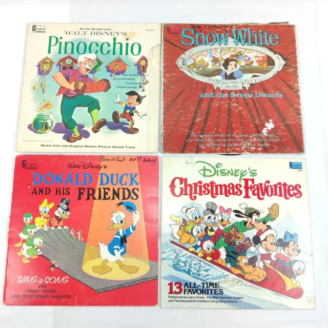 4 Walt Disneys Pinocchio Snow White Donald Duck Christmas Disneyland Records Lot