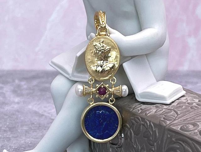 TAGLIAMONTE Designs (RW007) 925SS/YGP Lapis Cameo Pendant *Roman Coin*Reg.$275