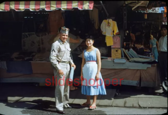 Slide Photo Tokyo Japan Street Soldier Private and Pretty Japanese Girl 1950