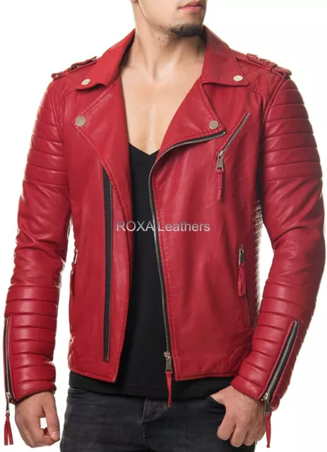 Cool HOT Men's Genuine Lambskin Pure Leather Jacket Quilted Red Heavy Coat