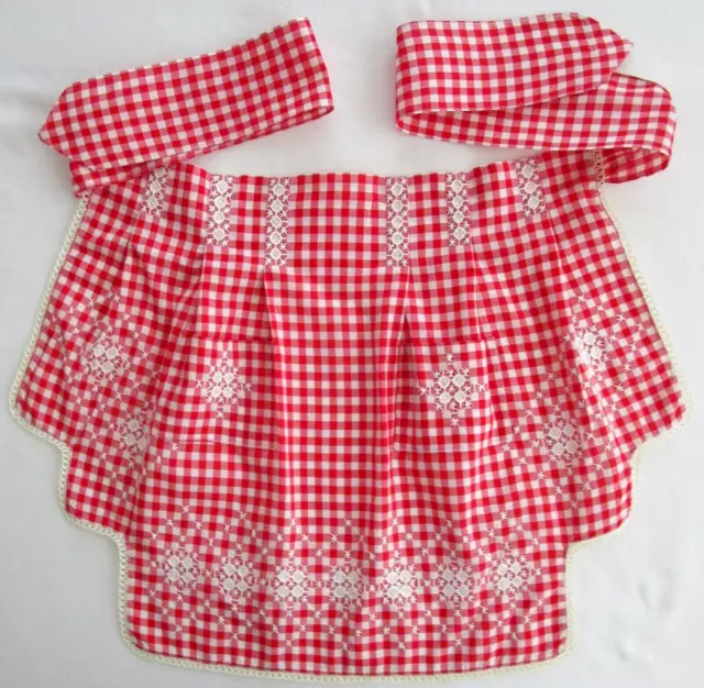 Vintage Half Apron, Hand-Made Embroidered Red & White Gingham