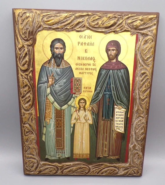 Vintage Saint Raphael Nicholas & Irene Icon Lesvos Greek Orthodox Wooden Plaque