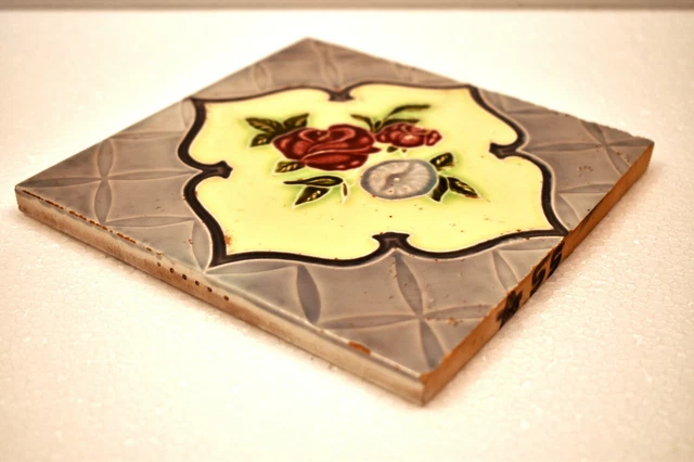 Antique Tile Japan Majolica Art Nouveau Porcelain Floral Rose Architecture "J55 3