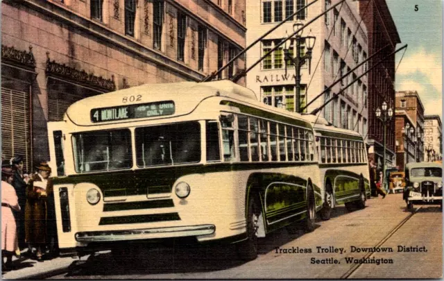Trackless Trolley Bus Downtown District Seattle Washington Old Cars Buildings