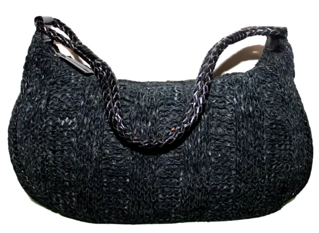 Sigrid Olsen Premium Knitted-Leather Boho Hobo Shoulder Bag Black Woven Pristine
