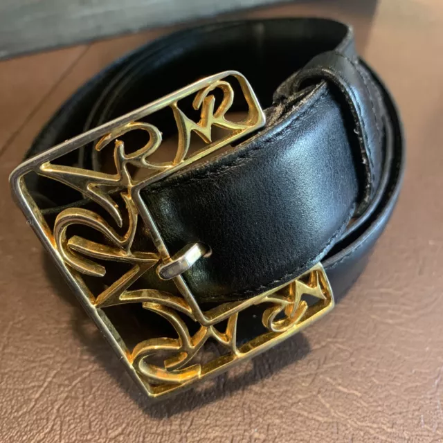 Vintage Nina Ricci Paris Brass Logo Buckle Black Leather Belt Sz small