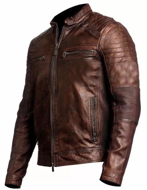Men's Biker Vintage Motorcycle Distressed Brown Cafe Racer Leather Jacket
