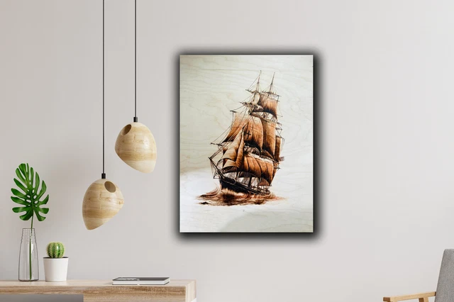 Handmade Wood Burning Art - Pyrography Arts Home  decoration - Sailing Boat