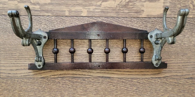Antique English Tudor Victorian Self Closing Hook Wood Wall Coat & Hat Rack (A)