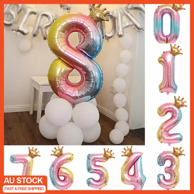 32" Rainbow Number Foil Balloon with Gold Crown Birthday Party Wedding New Year