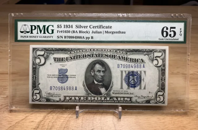 PMG65 $5 1934 Silver Certificate Fr#1650 BA Block PMG 65 GEM EPQ UNC