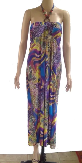 SILK Blend size S M Leopard Floral Maxi Dress Wood Bead Halter Sundress Boho EUC