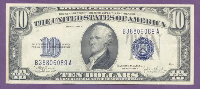 1934-C Blue Seal $10 Silver Certificate, Ten Dollars, AU