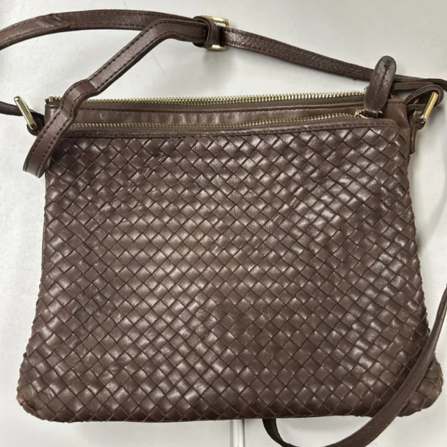 Margot Brown Soft Woven Leather Crossbody Bag Purse Adjustable Strap Handbag