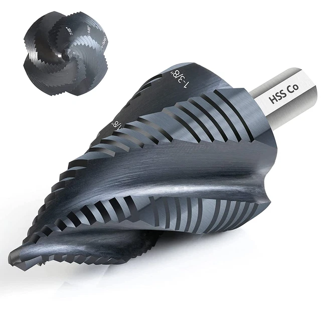 Step Drill Bit for Metal, Four Spiral Flute Cobalt Step Drill Bit (1/4"-1-3/8")