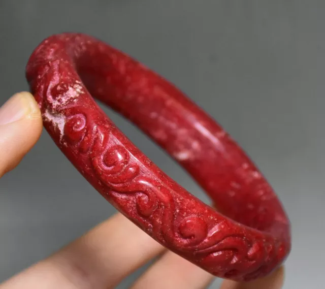 Chinese Dynasty Hongshan Culture Old Red Jade Carved Bat Pixiu Bracelet Bangle