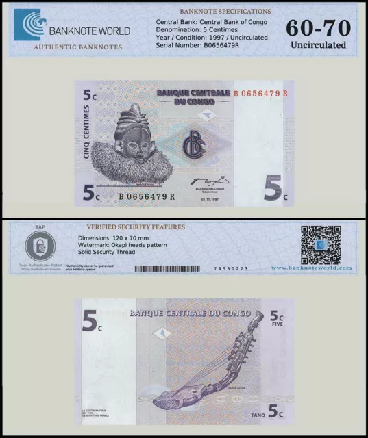 Congo Democratic Republic 5 Centimes, 1997, P-81, UNC, Authenticated Banknote