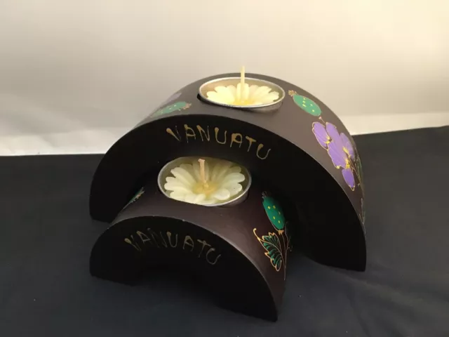 Vanuatu Wooden Arch Hand-painted Candle Holders with Flower Candles – Set of 2