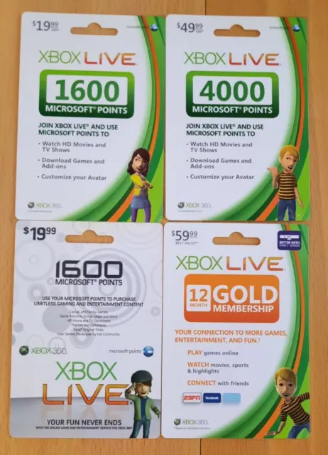 Lot of 4 XBox Live Cards Microsoft Points +Membership COLLECTIBLE ONLY No Value