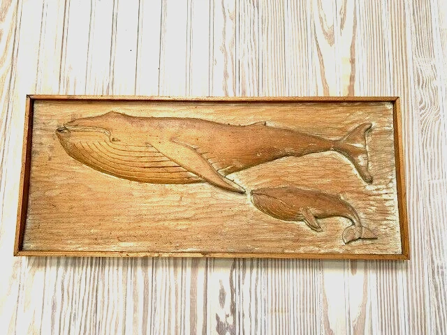 Antique Humpback Whale Mother and Baby Wood Carved Wall Plaque - late 19th c