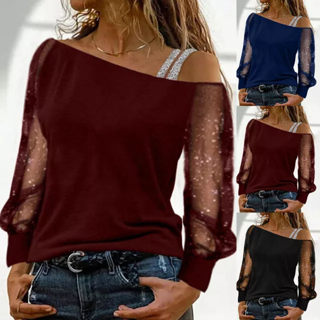 Womens Cold Shoulder Mesh Tops Ladies Long Sleeve Casual Loose Party Blouse Tee