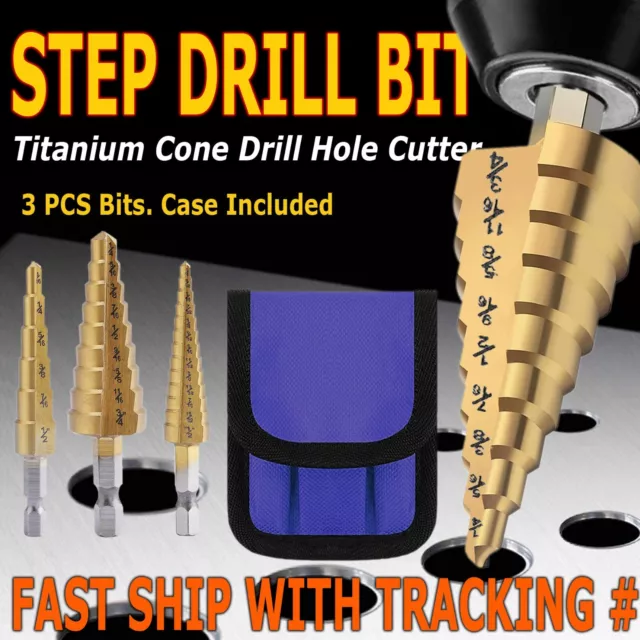 3PCS Drill Bit Set Titanium Nitride Coated Steel Step Quick Change 1/4 Shank HSS