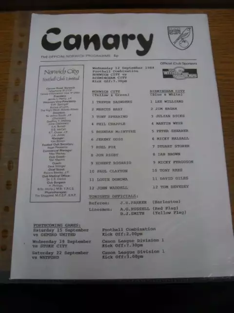 12/09/1984 Norwich City Reserves v Birmingham City Reserves [Football Combinatio