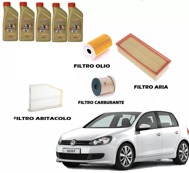 Kit Tagliando Volkswagen Golf Vi 1.6 Tdi - 4 Filtri + 5 Litri Castrol 5W30 Ll